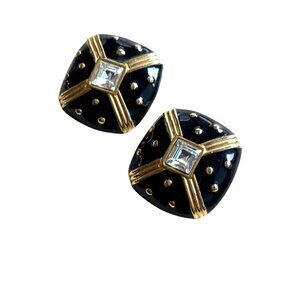 Vintage Black & Gold Clip-On Earrings With Rhinestone Accents Retro 90s